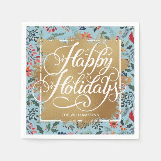 Serviette En Papier Gold Faux Foil Joyeux Fleurs d'hiver Bleu (Devant)