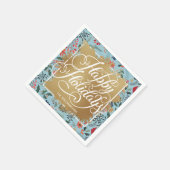 Serviette En Papier Gold Faux Foil Joyeux Fleurs d'hiver Bleu (Coin)