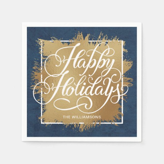Serviette En Papier Gold Faux Foil Joyeux Vacances Denim Blue (Devant)