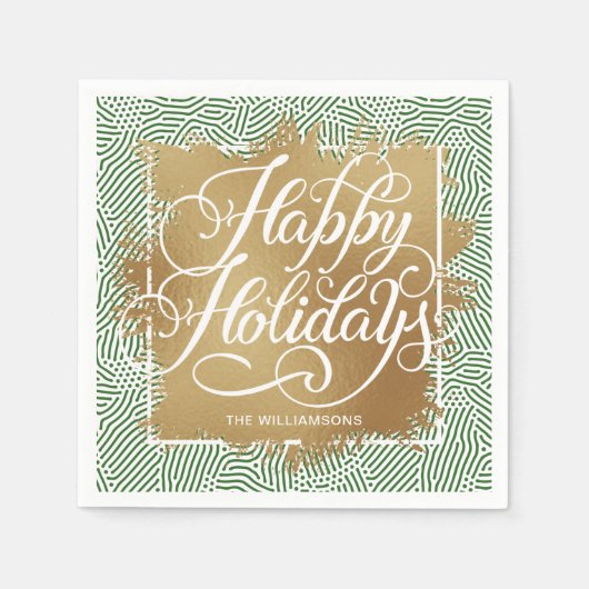 Serviette En Papier Gold Faux Foil Joyeux Vacances Moderne Vert (Devant)
