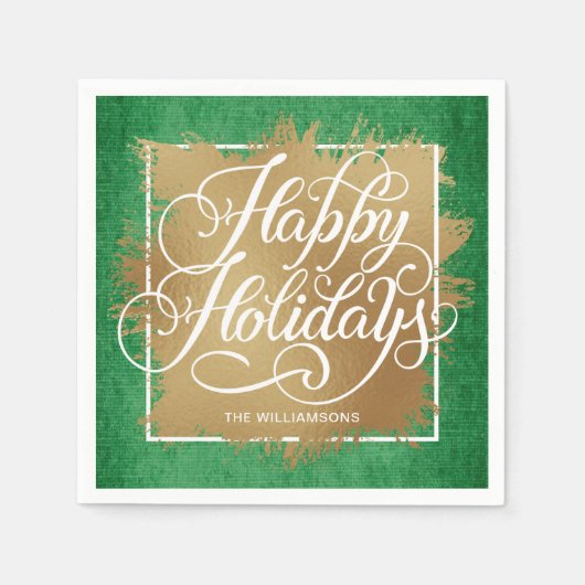 Serviette En Papier Gold Faux Foil Joyeux Vacances Motif vert (Devant)