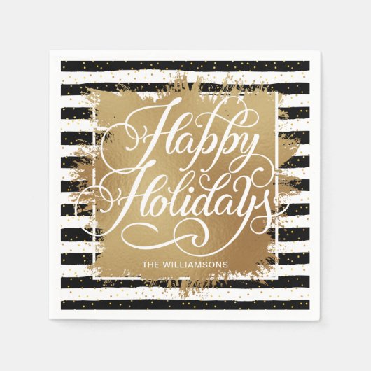 Serviette En Papier Gold Faux Foil Joyeux Vacances Noir Blanc Stripes (Devant)