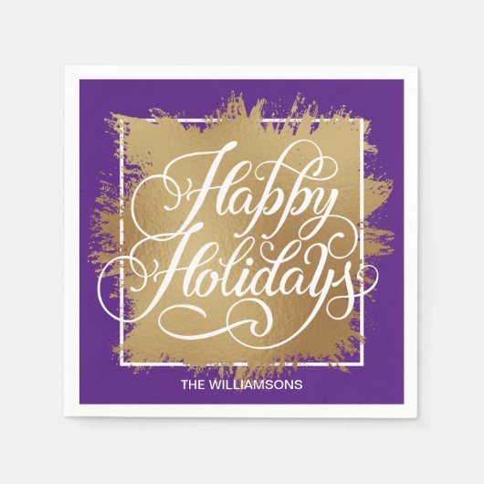 Serviette En Papier Gold Faux Foil Joyeux vacances violet (Devant)
