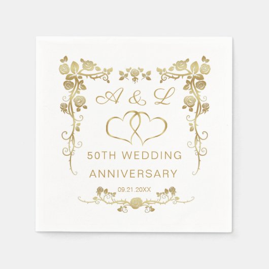 Serviette En Papier Gold Floral, a rejoint les coeurs 50 Anniversaire (Devant)