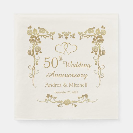 Serviette En Papier Gold Floral Hearts 50e anniversaire de Mariage (Devant)