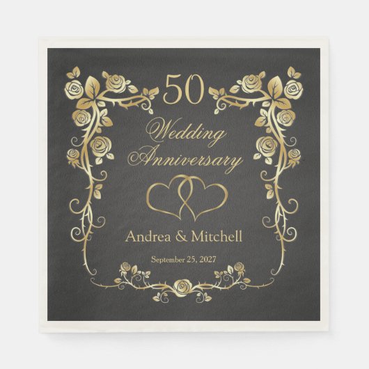 Serviette En Papier Gold Floral Hearts 50e anniversaire Mariage Napki (Devant)