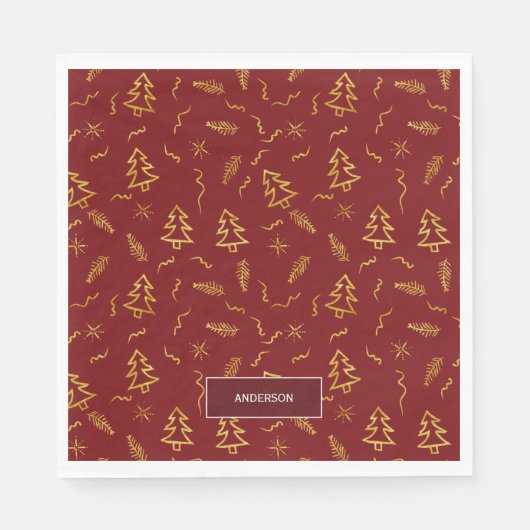 Serviette En Papier Gold Foil Noël Arbre Motif Red Holiday (Devant)
