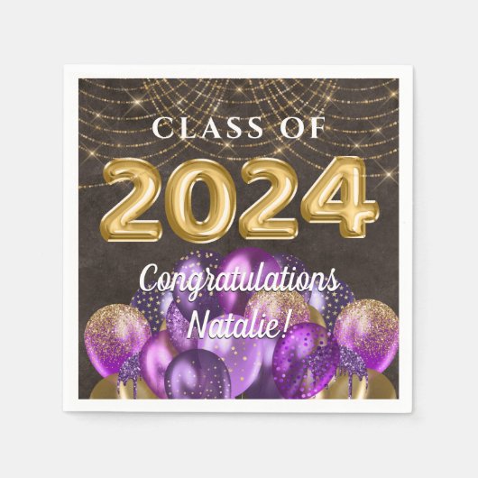 Serviette En Papier Gold Foil Purple Balloons Classe de 2024 Graduatio (Devant)