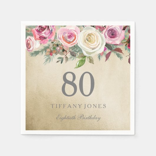 Serviette En Papier Gold Foil Rose rose blanche 80e anniversaire (Devant)