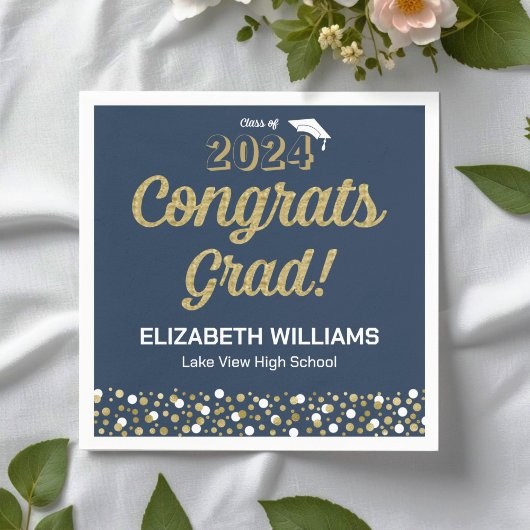 Serviette En Papier Gold Foil Script Confetti Congrats Grad Blue