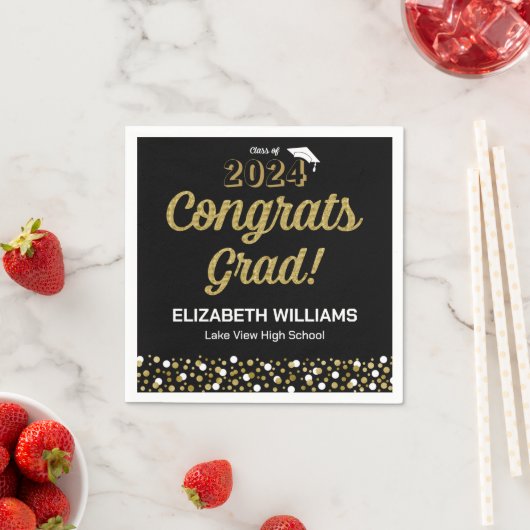 Serviette En Papier Gold Foil Script Confetti Congrats Grad Noir (En situation)