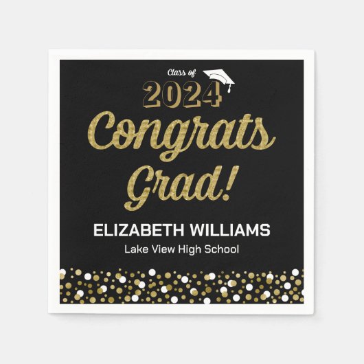 Serviette En Papier Gold Foil Script Confetti Congrats Grad Noir (Devant)