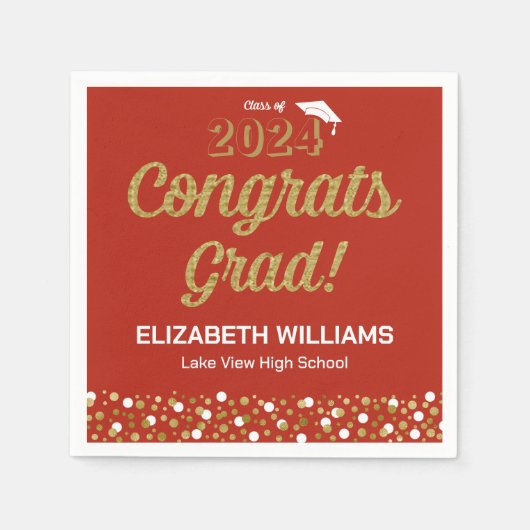 Serviette En Papier Gold Foil Script Confetti Congrats Grad Red (Devant)