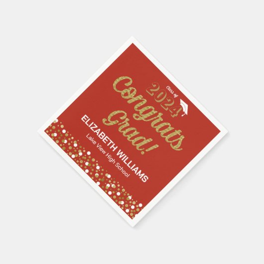 Serviette En Papier Gold Foil Script Confetti Congrats Grad Red (Coin)