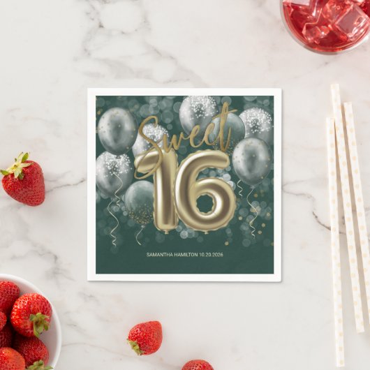 Serviette En Papier Gold Foil Sweet 16 ballons Anniversaires Emerald G (En situation)