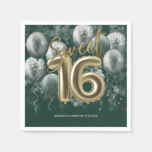 Serviette En Papier Gold Foil Sweet 16 ballons Anniversaires Emerald G (Devant)