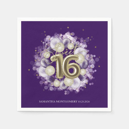 Serviette En Papier Gold Foil Sweet 16 Ballons d'anniversaire fête vio (Devant)