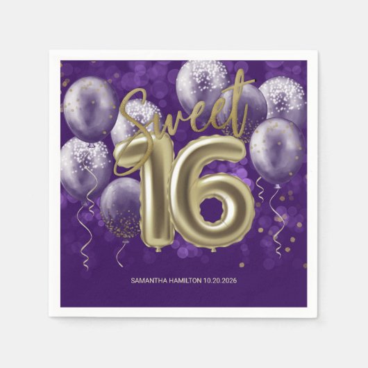 Serviette En Papier Gold Foil Sweet 16 Ballons d'anniversaire fête vio (Devant)