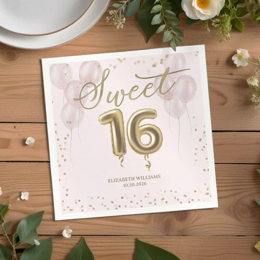 Serviette En Papier Gold Foil Sweet 16 Ballons d'anniversaire rose