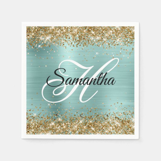 Serviette En Papier Gold Glitter Pale Turquoise Foil Monogram (Devant)