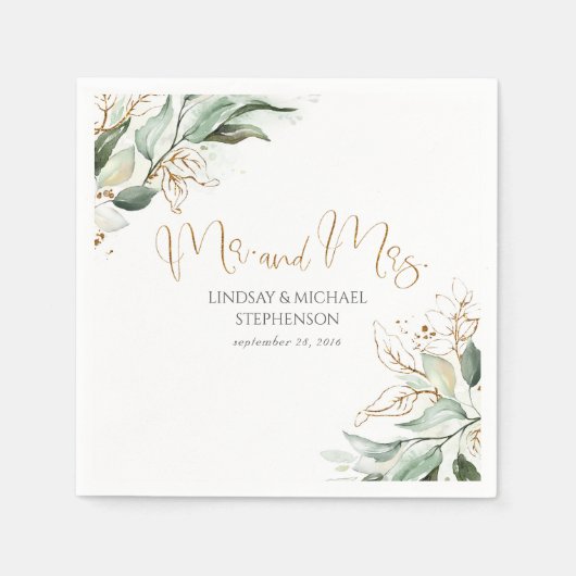 Serviette En Papier Gold Green et Eucalyptus Feuille Mariage (Devant)