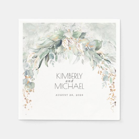 Serviette En Papier Gold Green et Eucalyptus Feuille Mariage (Devant)