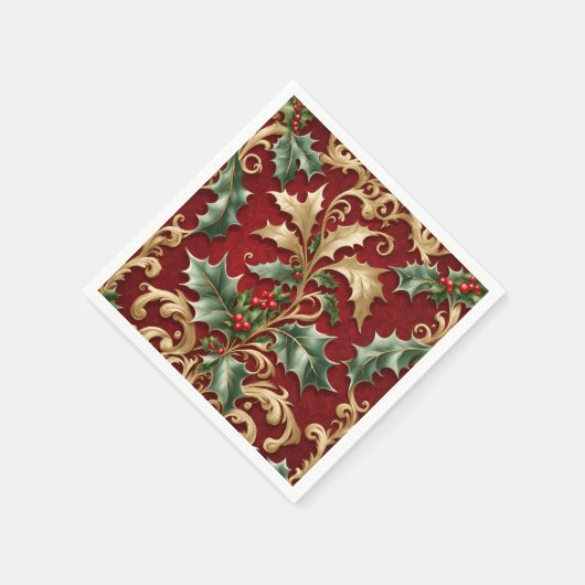 Serviette En Papier Gold Green Feuilles Red Christmas Holiday Napkin (Coin)