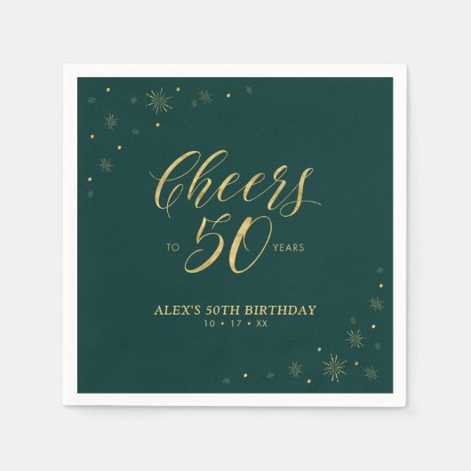 Serviette En Papier Gold & Green Modern Cheers 50e fête d'anniversaire (Devant)