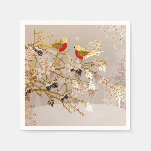 Serviette En Papier Gold hiver Oiseaux de neige Pays Noël (Devant)