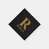 Serviette En Papier Gold Initial/Prénom/Famille Sur Noir (Coin)
