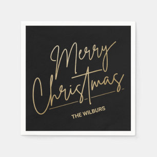 Serviette En Papier Gold Joyeux Noël sur Noir Personnalisé