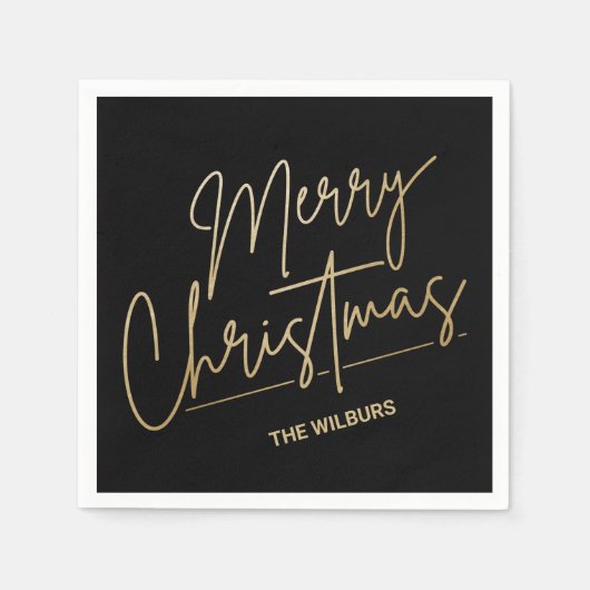Serviette En Papier Gold Joyeux Noël sur Noir Personnalisé (Devant)