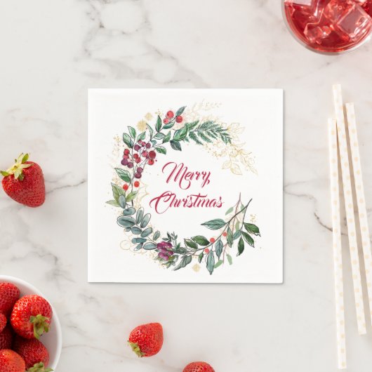 Serviette En Papier Gold Line Art et Red Berries Noël (En situation)