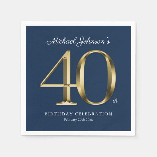 Serviette En Papier Gold Navy Blue Custom 40e fête d'anniversaire (Devant)