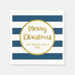 Serviette En Papier Gold Navy Blue Stripes Joyeux Noël Napkin