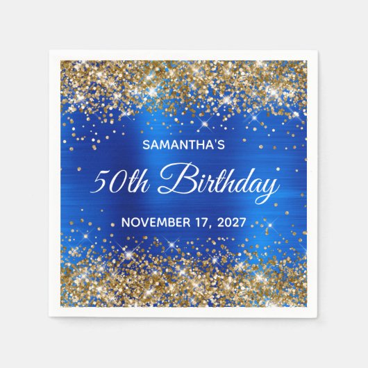 Serviette En Papier Gold Parties scintillant Blue Foil 50e anniversair (Devant)