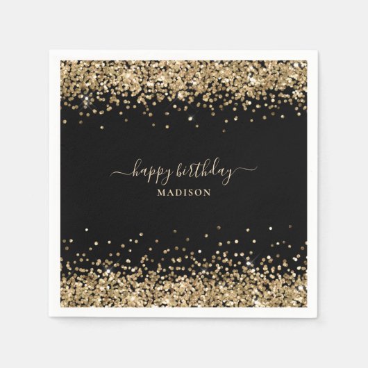 Serviette En Papier Gold Parties scintillant Nom Black Happy Birthday (Devant)