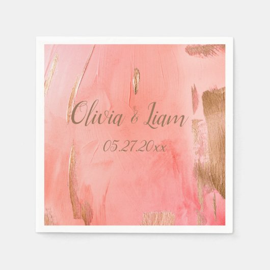 Serviette En Papier Gold Peach Nom Date Mariage élégant (Devant)