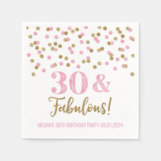 Serviette En Papier Gold Pink Confetti 30 & Fabuleux (Devant)