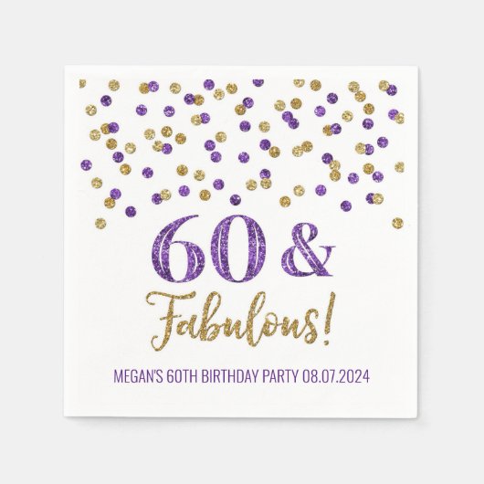 Serviette En Papier Gold Purple Confetti 60 & Fabuleux (Devant)