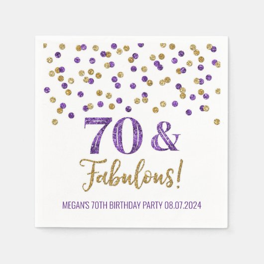 Serviette En Papier Gold Purple Confetti 70 & Fabuleux (Devant)