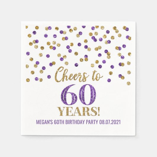 Serviette En Papier Gold Purple Confetti encourage à 60 ans Anniversai (Devant)