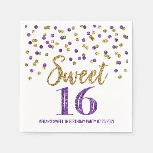Serviette En Papier Gold Purple Confetti Sweet 16 Anniversaire (Devant)