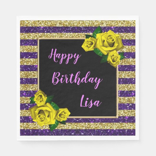 Serviette En Papier Gold Purple Parties scintillant rayures Roses Jaun (Devant)