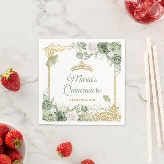 Serviette En Papier Gold Quinceañera Sage Papier papillon de la Couron (En situation)