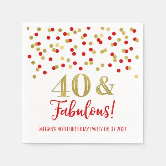 Serviette En Papier Gold Red Confetti 40 & Fabuleux anniversaire (Devant)