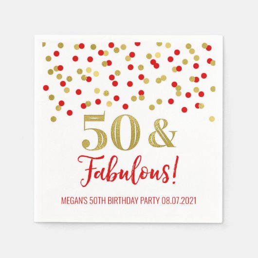 Serviette En Papier Gold Red Confetti 50 & Fabuleux anniversaire (Devant)