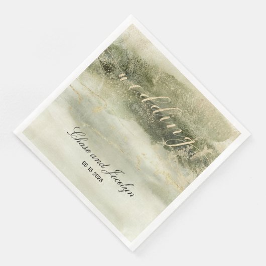 Serviette En Papier Gold & Sage Aquarelle Vague Calligraphie Mariage P (Coin)