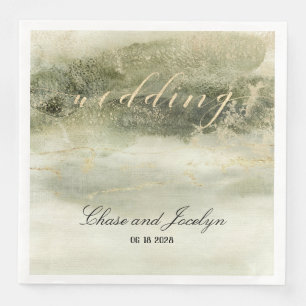Serviette En Papier Gold & Sage Aquarelle Vague Calligraphie Mariage P