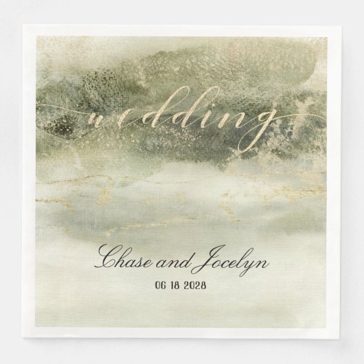 Serviette En Papier Gold & Sage Aquarelle Vague Calligraphie Mariage P (Devant)